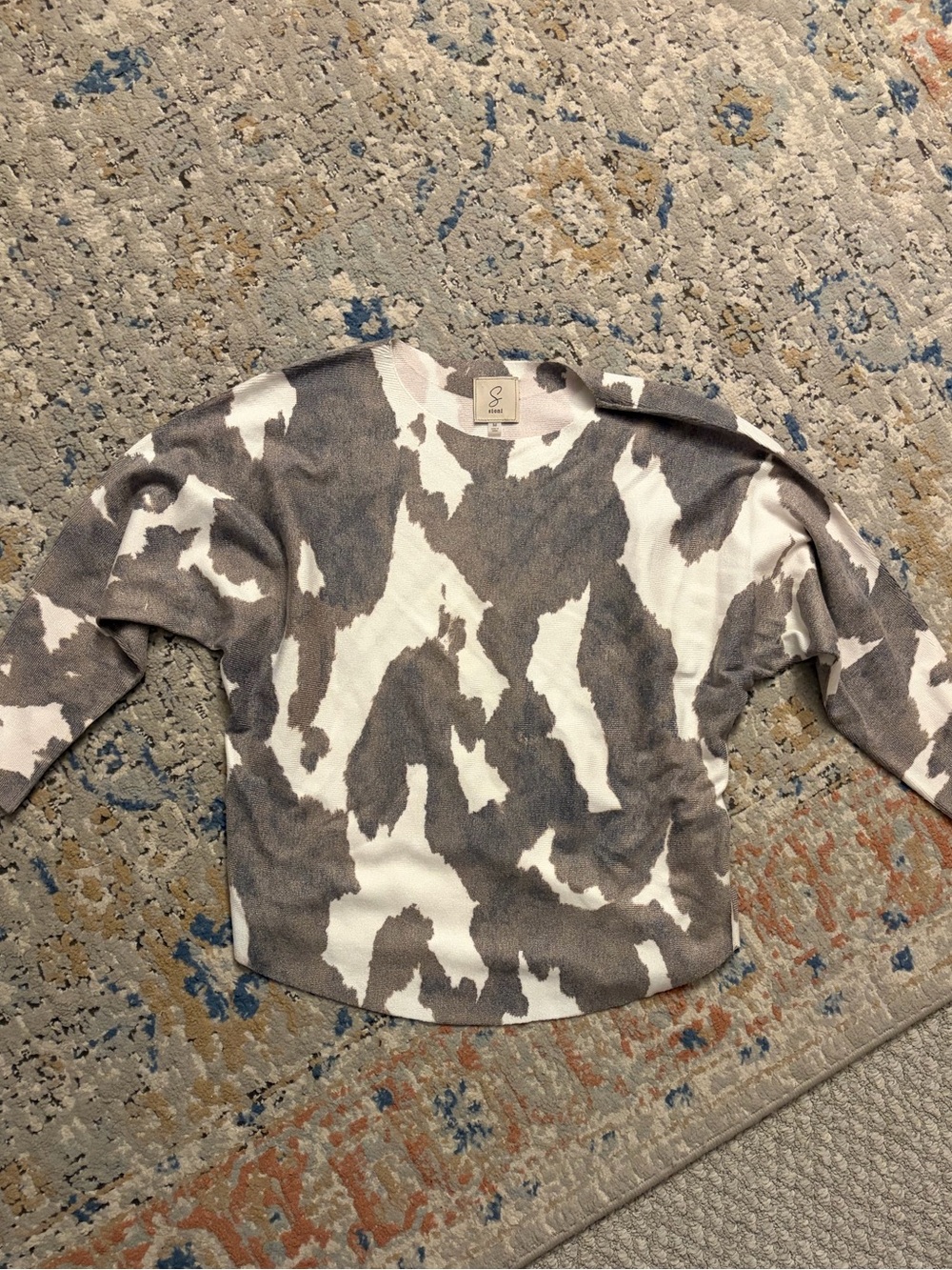 Womens Neutral Cow-Print Pullover Sweater
